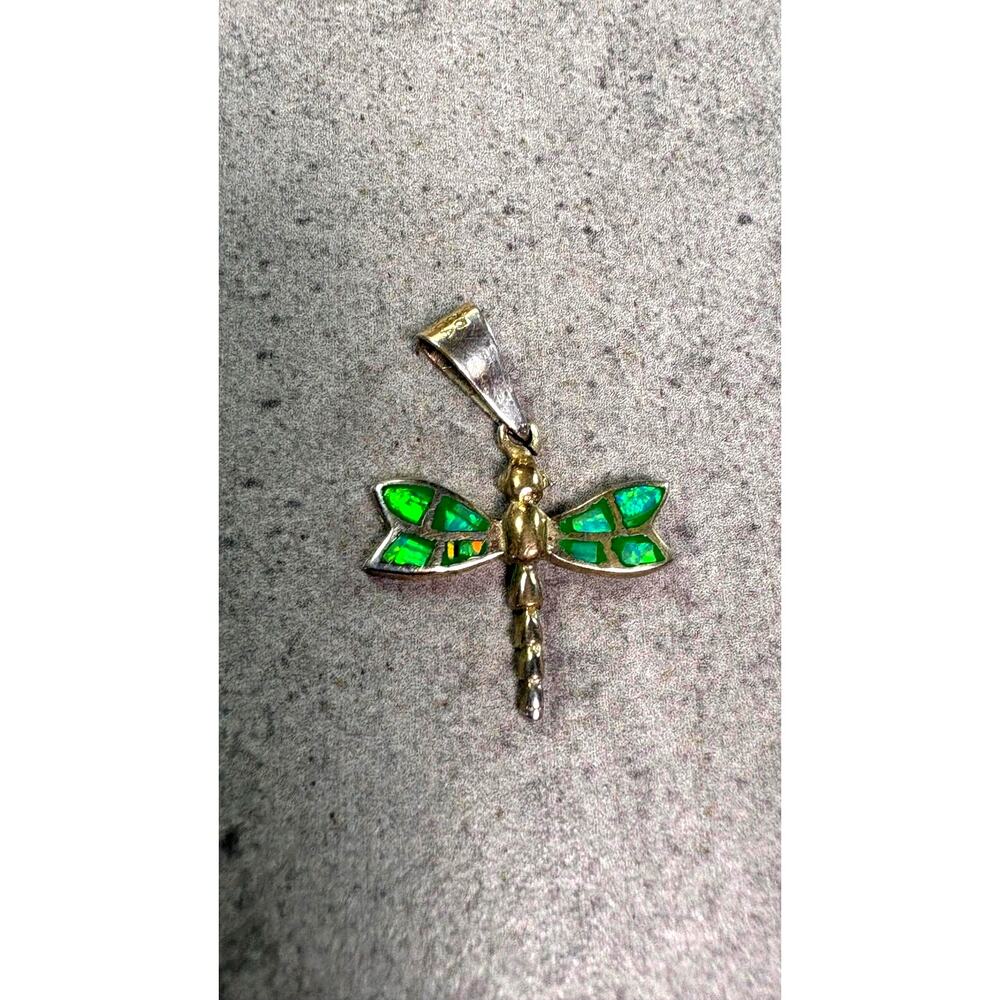 Vintage Mexican Alpaca Dragonfly Pendant Green Mosaic Inlay Charm Signed Boho
